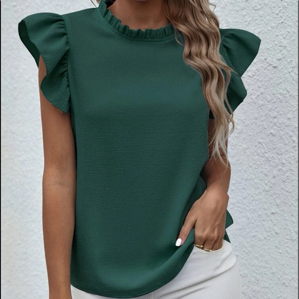 Elegant Classic Green Mock Neck Ruffle Butterfly Top Blouse Shirt - Picture 6 of 16